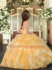Customized Floor Length Ball Gowns Sleeveless Gold Little Girls Pageant Gowns Lace Up