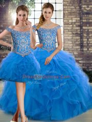 Blue Off The Shoulder Neckline Beading and Ruffles Quinceanera Dresses Sleeveless Lace Up