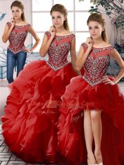 Unique Sleeveless Organza Floor Length Zipper Sweet 16 Dresses in Red with Beading and Ruffles