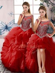 Unique Sleeveless Organza Floor Length Zipper Sweet 16 Dresses in Red with Beading and Ruffles