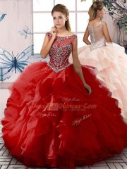 Unique Sleeveless Organza Floor Length Zipper Sweet 16 Dresses in Red with Beading and Ruffles