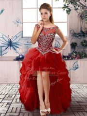 Unique Sleeveless Organza Floor Length Zipper Sweet 16 Dresses in Red with Beading and Ruffles
