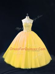 Lovely Floor Length Lace Up Quinceanera Dresses Gold for Sweet 16 and Quinceanera with Beading