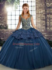 Admirable Straps Sleeveless Quinceanera Dress Floor Length Beading and Appliques Navy Blue Tulle