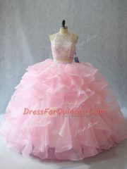Baby Pink Two Pieces Halter Top Sleeveless Organza Brush Train Backless Beading and Ruffles 15 Quinceanera Dress