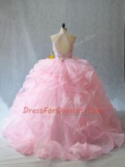 Baby Pink Two Pieces Halter Top Sleeveless Organza Brush Train Backless Beading and Ruffles 15 Quinceanera Dress