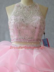 Baby Pink Two Pieces Halter Top Sleeveless Organza Brush Train Backless Beading and Ruffles 15 Quinceanera Dress