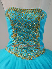 Floor Length Lace Up Sweet 16 Dresses Blue for Sweet 16 and Quinceanera with Beading