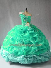 Beauteous Turquoise Ball Gowns Organza One Shoulder Sleeveless Pick Ups and Hand Made Flower Floor Length Lace Up Quince Ball Gowns