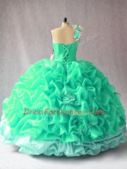 Beauteous Turquoise Ball Gowns Organza One Shoulder Sleeveless Pick Ups and Hand Made Flower Floor Length Lace Up Quince Ball Gowns
