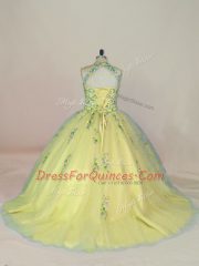 Sleeveless Tulle Brush Train Lace Up Vestidos de Quinceanera in Yellow with Appliques and Embroidery