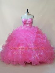 Admirable Floor Length Lace Up Quince Ball Gowns Hot Pink for Sweet 16 and Quinceanera with Beading and Ruffles