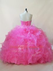 Admirable Floor Length Lace Up Quince Ball Gowns Hot Pink for Sweet 16 and Quinceanera with Beading and Ruffles