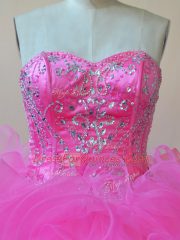 Admirable Floor Length Lace Up Quince Ball Gowns Hot Pink for Sweet 16 and Quinceanera with Beading and Ruffles