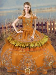 Admirable Brown Satin Lace Up Off The Shoulder Sleeveless Floor Length Quinceanera Gown Embroidery