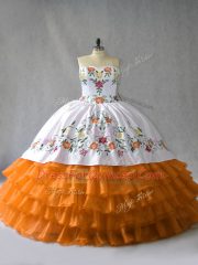 Inexpensive Orange Sleeveless Floor Length Embroidery and Ruffled Layers Lace Up Quinceanera Dress