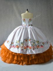 Inexpensive Orange Sleeveless Floor Length Embroidery and Ruffled Layers Lace Up Quinceanera Dress