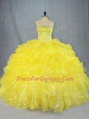 Asymmetrical Yellow 15th Birthday Dress Strapless Sleeveless Lace Up