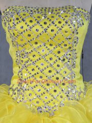 Asymmetrical Yellow 15th Birthday Dress Strapless Sleeveless Lace Up