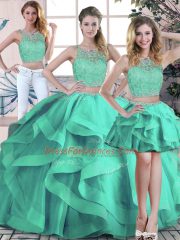 Best Turquoise Ball Gowns Beading and Ruffles Sweet 16 Dresses Zipper Tulle Sleeveless Floor Length