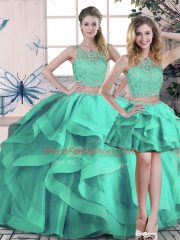 Best Turquoise Ball Gowns Beading and Ruffles Sweet 16 Dresses Zipper Tulle Sleeveless Floor Length