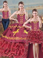Burgundy Sweetheart Neckline Embroidery and Ruffles Sweet 16 Quinceanera Dress Sleeveless Lace Up