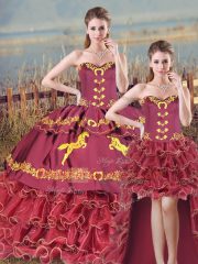 Burgundy Sweetheart Neckline Embroidery and Ruffles Sweet 16 Quinceanera Dress Sleeveless Lace Up