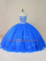 Simple Sweetheart Sleeveless Ball Gown Prom Dress Floor Length Beading Blue Tulle