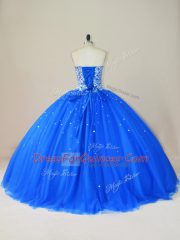 Simple Sweetheart Sleeveless Ball Gown Prom Dress Floor Length Beading Blue Tulle