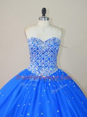 Simple Sweetheart Sleeveless Ball Gown Prom Dress Floor Length Beading Blue Tulle