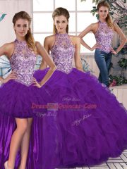 New Style Purple Three Pieces Halter Top Sleeveless Tulle Floor Length Lace Up Beading and Ruffles Sweet 16 Dress