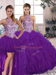 New Style Purple Three Pieces Halter Top Sleeveless Tulle Floor Length Lace Up Beading and Ruffles Sweet 16 Dress