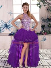 New Style Purple Three Pieces Halter Top Sleeveless Tulle Floor Length Lace Up Beading and Ruffles Sweet 16 Dress