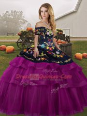 Fuchsia Ball Gowns Embroidery and Ruffled Layers Vestidos de Quinceanera Lace Up Tulle Sleeveless