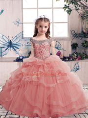 Pink Tulle Lace Up Scoop Sleeveless Floor Length Little Girls Pageant Dress Wholesale Beading and Ruffles