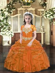 Lovely Tulle Straps Sleeveless Lace Up Beading and Ruffles Girls Pageant Dresses in Brown