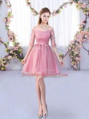 Pink A-line Tulle Off The Shoulder Half Sleeves Lace and Belt Mini Length Lace Up Dama Dress for Quinceanera