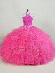 Ball Gowns 15th Birthday Dress Hot Pink Halter Top Tulle Sleeveless Floor Length Lace Up