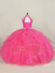 Ball Gowns 15th Birthday Dress Hot Pink Halter Top Tulle Sleeveless Floor Length Lace Up