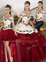 Top Selling Off The Shoulder Sleeveless Brush Train Lace Up Sweet 16 Quinceanera Dress Wine Red Tulle