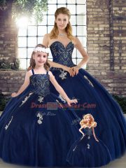 Sleeveless Tulle Floor Length Lace Up Quinceanera Gown in Navy Blue with Beading and Appliques