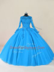 Blue Ball Gowns Lace and Appliques Sweet 16 Dress Zipper Tulle Long Sleeves Floor Length