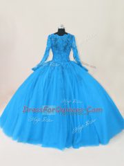 Blue Ball Gowns Lace and Appliques Sweet 16 Dress Zipper Tulle Long Sleeves Floor Length