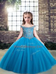 Custom Fit Off The Shoulder Sleeveless Little Girls Pageant Dress Wholesale Floor Length Beading Baby Blue Tulle