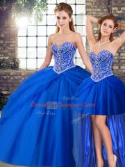 High Class Beading and Pick Ups Quinceanera Gown Royal Blue Lace Up Sleeveless Brush Train