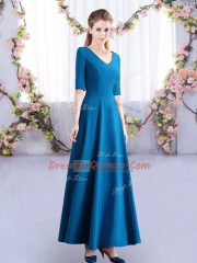 Custom Made Ruching Dama Dress for Quinceanera Teal Zipper Half Sleeves Ankle Length