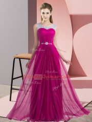 Custom Fit Fuchsia Chiffon Lace Up Court Dresses for Sweet 16 Sleeveless Floor Length Beading