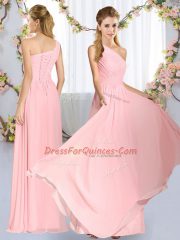 Comfortable Chiffon One Shoulder Sleeveless Lace Up Ruching Quinceanera Court Dresses in Baby Pink