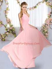 Comfortable Chiffon One Shoulder Sleeveless Lace Up Ruching Quinceanera Court Dresses in Baby Pink