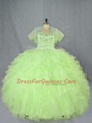 Affordable Yellow Green Organza Lace Up Quince Ball Gowns Sleeveless Floor Length Beading and Ruffles